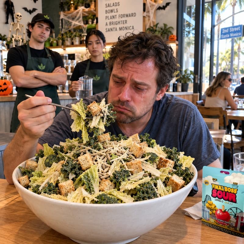 A bone-dry undressed Caesar salad piled with raw broccoli and croutons on a restaurant table, a weary diner in tears beside it with a bag of Final Boss Sour Level 2 Candy Apples