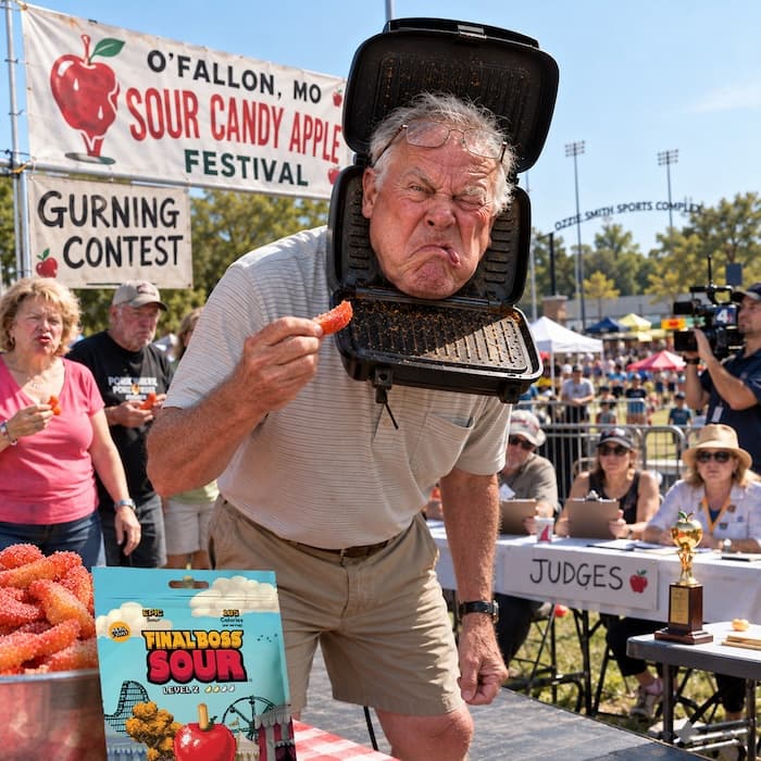 Contestant gurning through a broken George Foreman grill at the O'Fallon Sour Candy Apple Festival