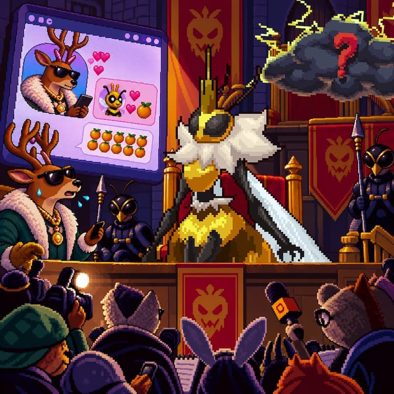 16-bit pixel art of Caustica the queen bee sweating under a spotlight on the Bramblebrine Bridge, phone in hand, a smug deer with a money bag in the background