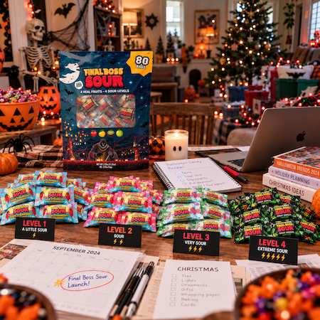 Merry Calendar Creep Sheep at a desk buried in tangled Christmas lights and Halloween candy bowls, reviewing a variety pack of fun-sized sour fruit minis