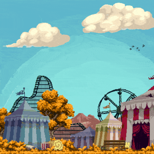 Pixel art carnival scene with Sour Candy Apples at Connie Con Carnival in the Torture Orchard