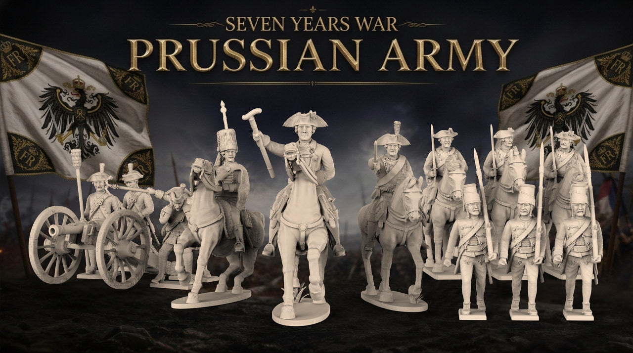 Battle Honours 3D approved Seven Years' War Prussian army artwork. Colourised renders; figures supplied unpainted.