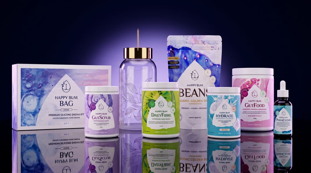 The Happy Bum range: coffee enema kit, Gut Scrub, Daily Fibre, Beans, Hydrate, GutFood and ParaClear
