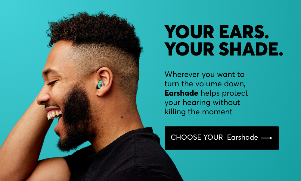 Man looking smiling wearing Earshade
