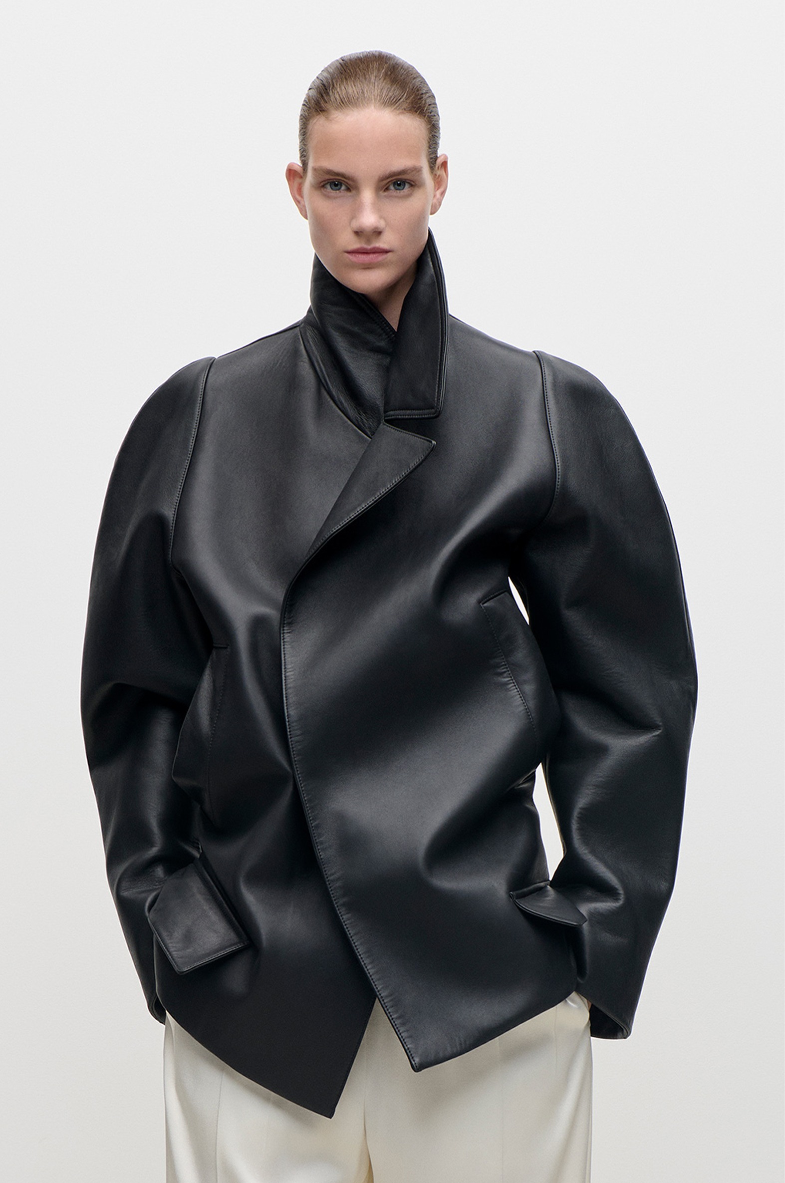 Leather Pea Coat In Black