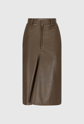 Kick Detail Leather Skirt In Brown