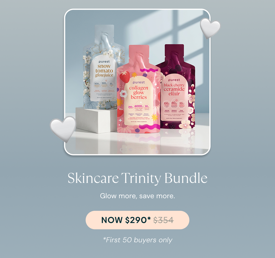 Skincare Trinity Bundle with Collagen Glow Berries, Black Cherry Ceramide Elixir and Snow Tomato Glowjuice. Now $290, was $354. First 50 buyers only