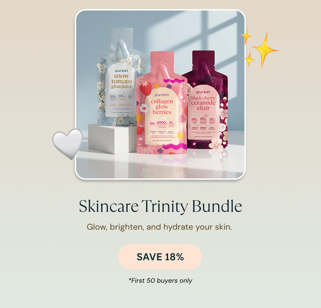 Skincare Trinity Bundle with Snow Tomato Glowjuice, Collagen Glow Berries and Black Cherry Ceramide Elixir. Save 18%, first 50 buyers only