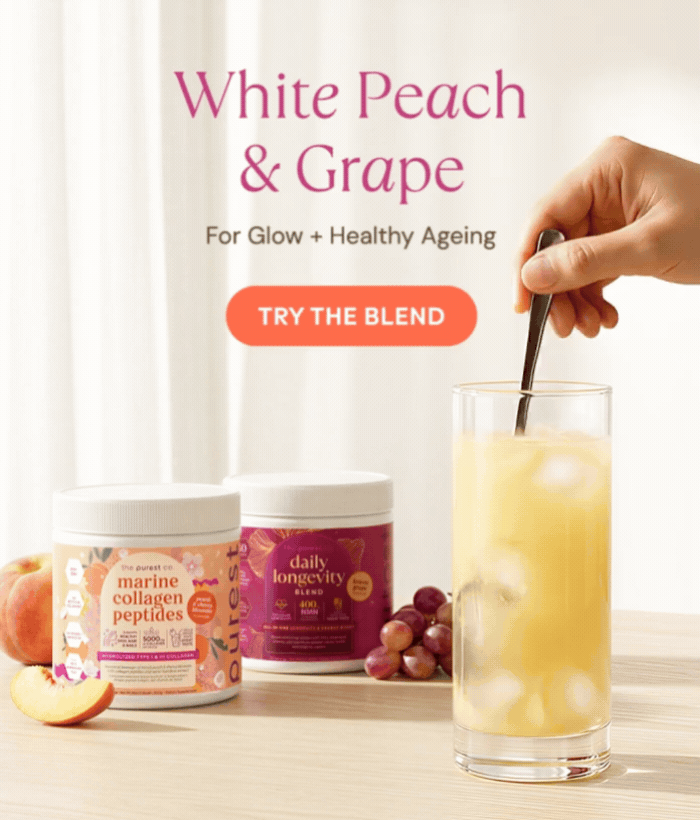 White Peach & Grape, for glow and healthy ageing. Marine Collagen Peptides and Daily Longevity Blend mixed into one iced drink. Try the blend.