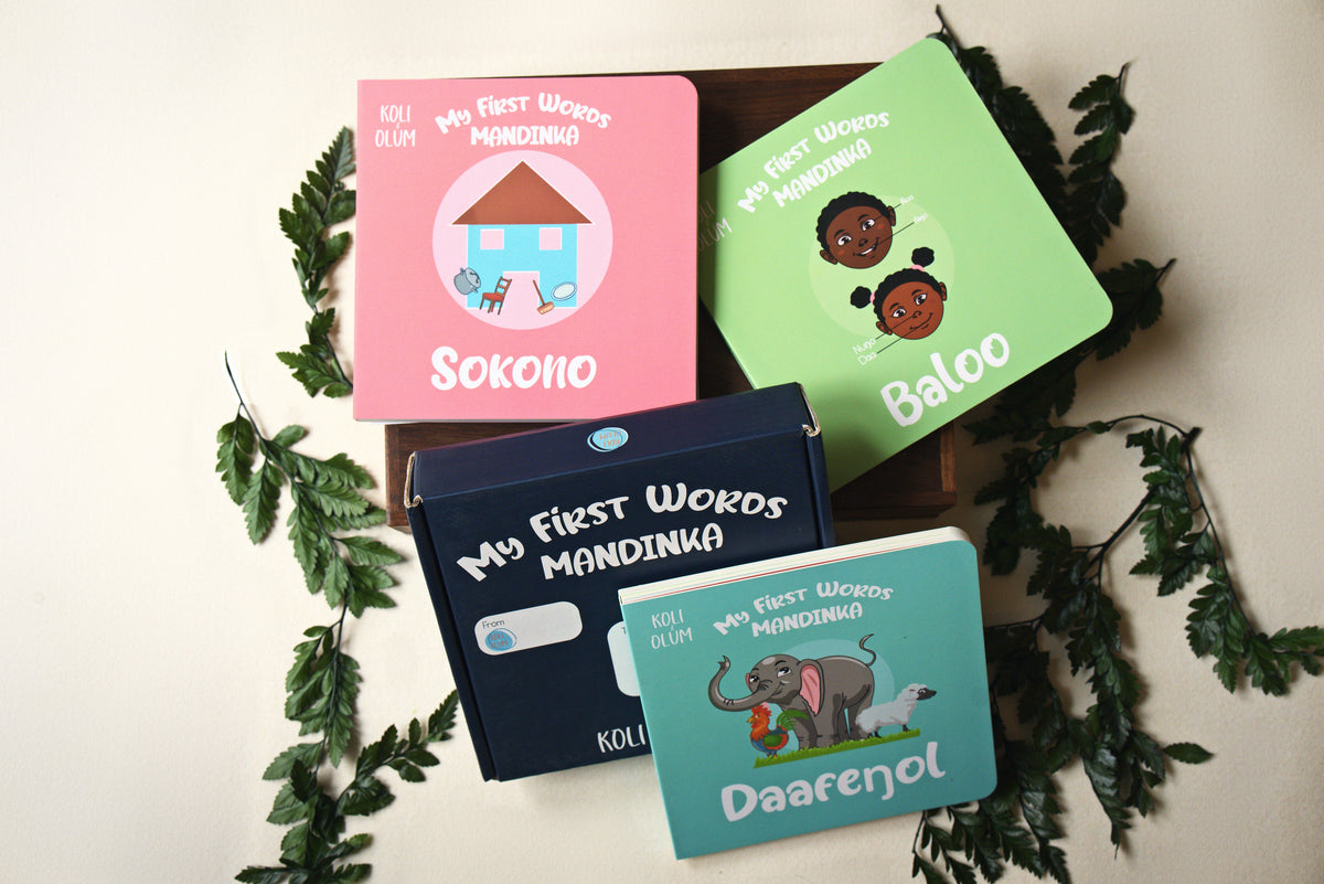 The My First Words Mandinka set: three board books and their box