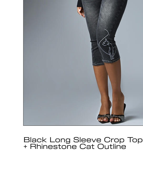 Black Long Sleeve Crop Top  + Rhinestone Cat Outline