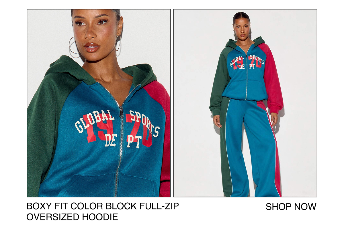 BOXY FIT COLOR BLOCK FULL-ZIP  OVERSIZED HOODIE