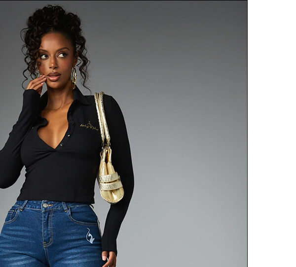 Gold Logo Collared Crop Top  Long Sleeve