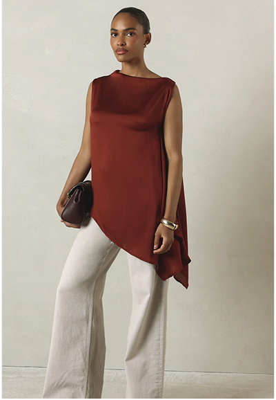 KSTM Asymmetric Draped Satin Sleeveless Blouse With Boat Neck High-Low Hem Elegant Longline Tunic Top For Evening Summer Occasion Wear