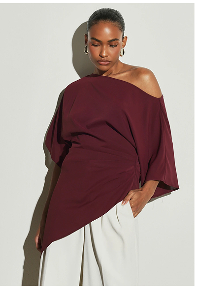 KSTM Asymmetric One-Shoulder Batwing Blouse With Ruched Waist And High-Low Draped Hem For Evening Dinner Party Night Holiday Burgundy Autumn Winter Elegant