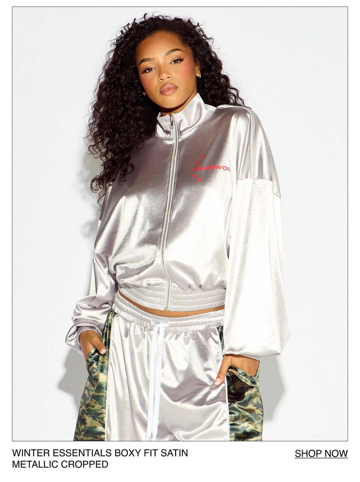 WINTER ESSENTIALS BOXY FIT SATIN  METALLIC CROPPED