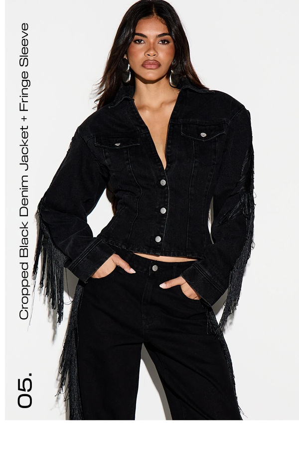 Cropped Black Denim Jacket + Fringe Sleeve 