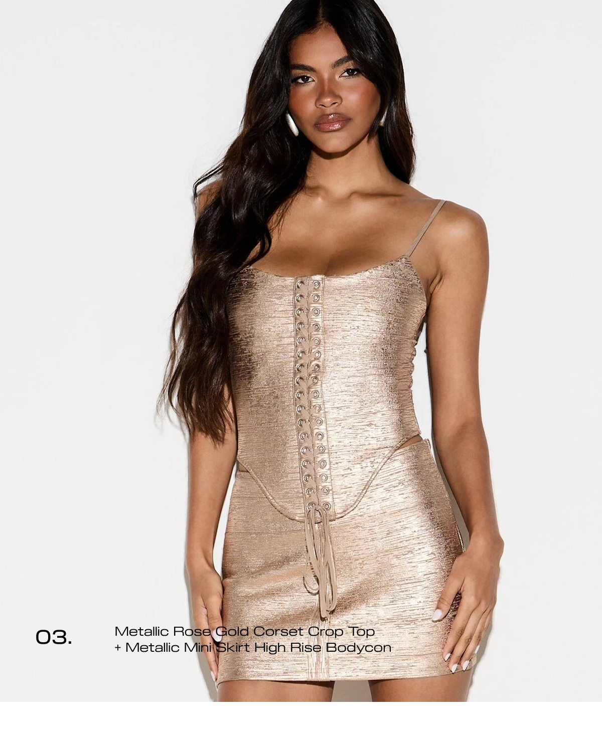 Metallic Rose Gold Corset Crop Top + Metallic Mini Skirt High Rise Bodycon 