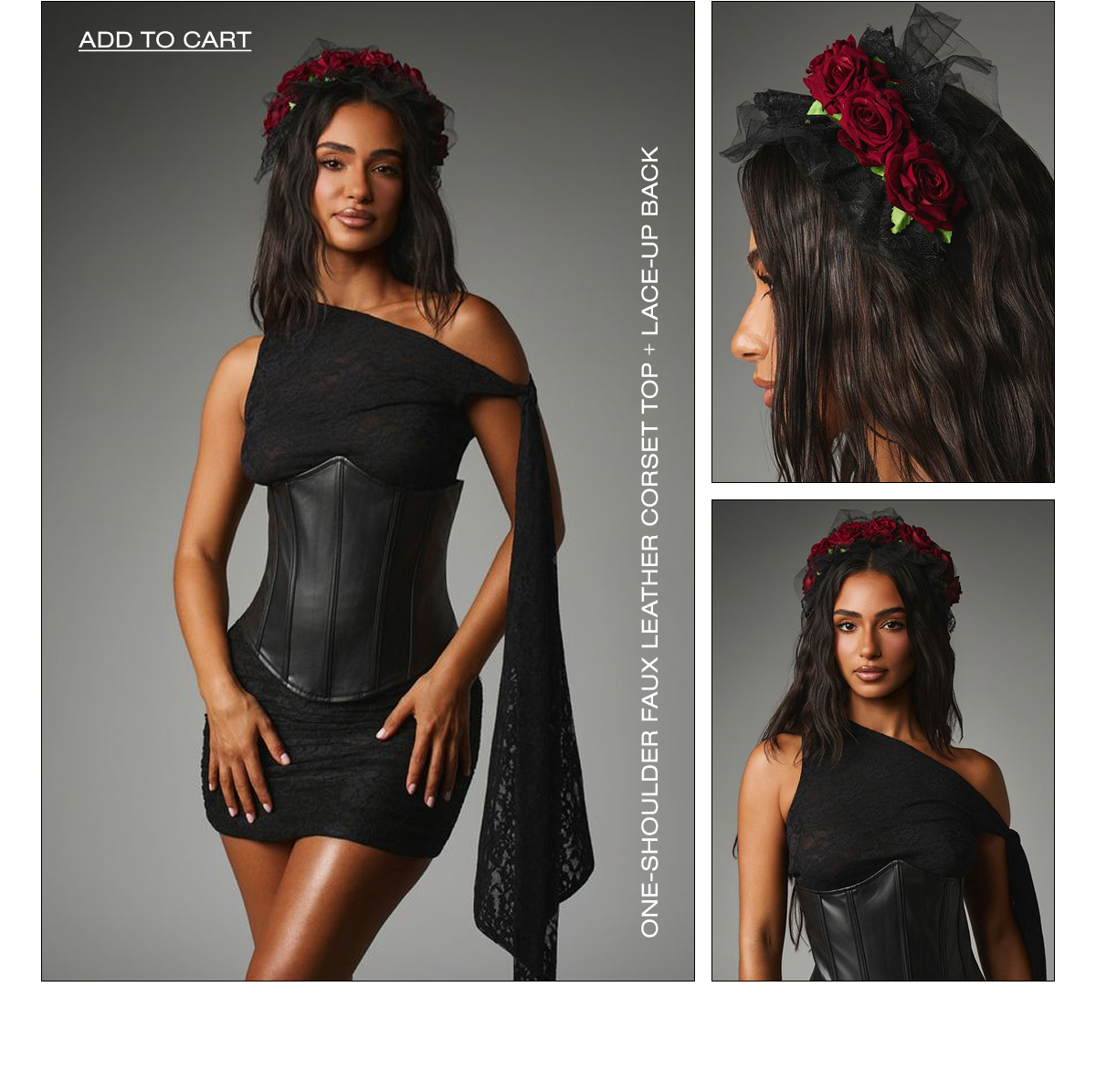 ONE-SHOULDER FAUX LEATHER CORSET TOP + LACE-UP BACK