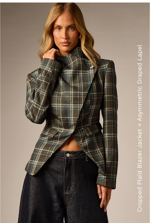 Cropped Plaid Blazer Jacket + Asymmetric Draped Lapel