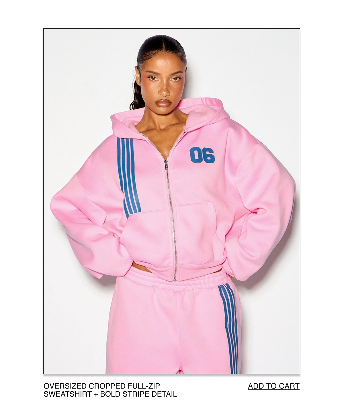 OVERSIZED CROPPED FULL-ZIP SWEATSHIRT + BOLD STRIPE DETAIL 