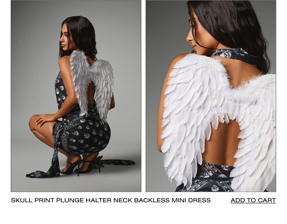 SKULL PRINT PLUNGE HALTER NECK BACKLESS MINI DRESS