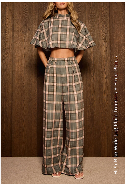 High Rise Wide Leg Plaid Trousers + Front Pleats 