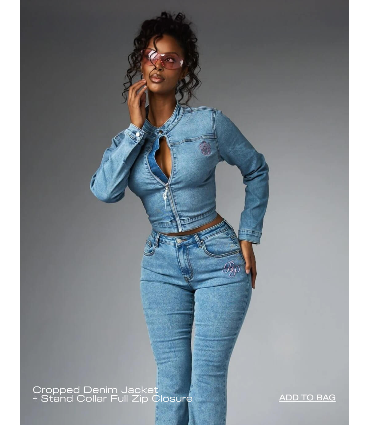 Cropped Denim Jacket + Stand Collar Full Zip Closure