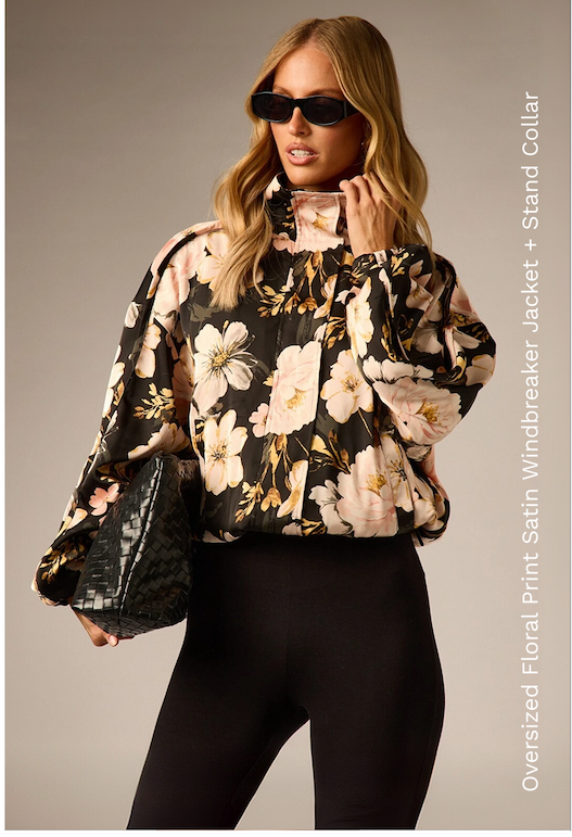 Oversized Floral Print Satin Windbreaker Jacket + Stand Collar