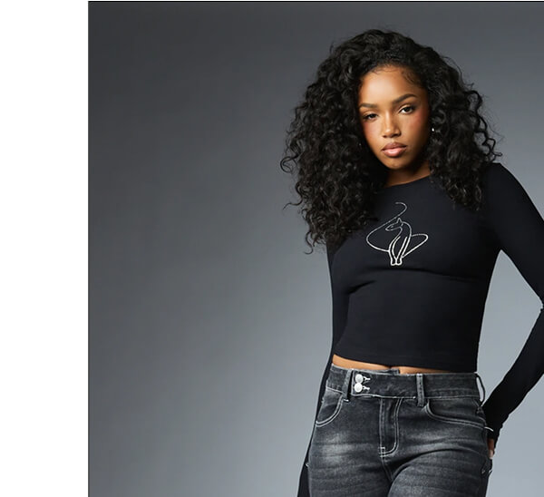Black Long Sleeve Crop Top  + Rhinestone Cat Outline