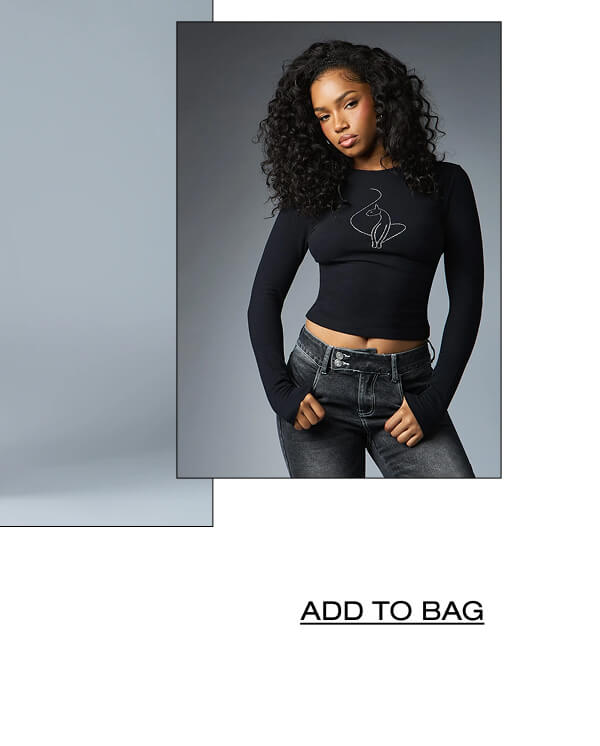 Black Long Sleeve Crop Top  + Rhinestone Cat Outline