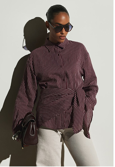 KSTM Oversized Burgundy Vertical Stripe Button-Front Collared Shirt With Wrap Tie Waist Detail Long Sleeve Woven Top Fall Winter