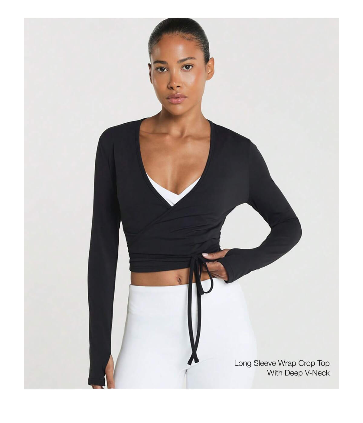 Long Sleeve Wrap Crop Top With Deep V-Neck