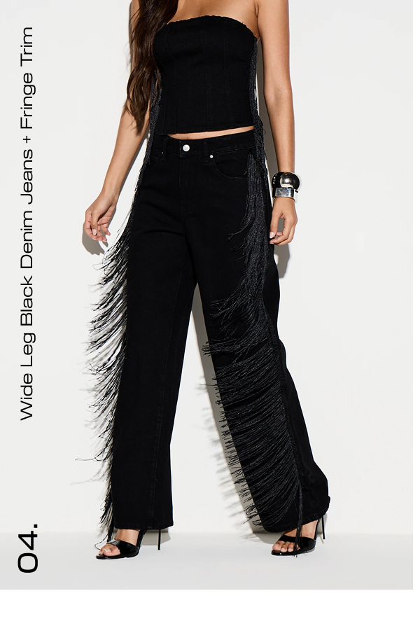 Wide Leg Black Denim Jeans + Fringe Trim