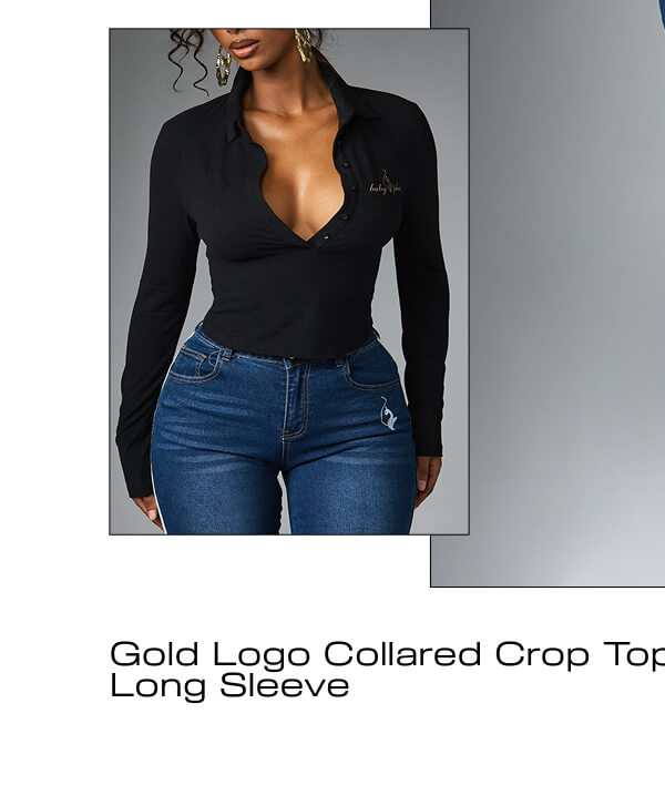 Gold Logo Collared Crop Top  Long Sleeve