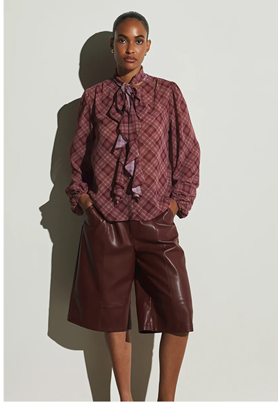 KSTM Plaid Ruffle Front Bow Blouse With Puff Long Sleeves Sheer Chiffon High Neck Top Fall Winter