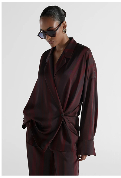 KSTM Satin Wrap Kimono Jacket With Diagonal Stripe Print Lapel Collar Twisted Front Detail Long Sleeve Oversized Fit