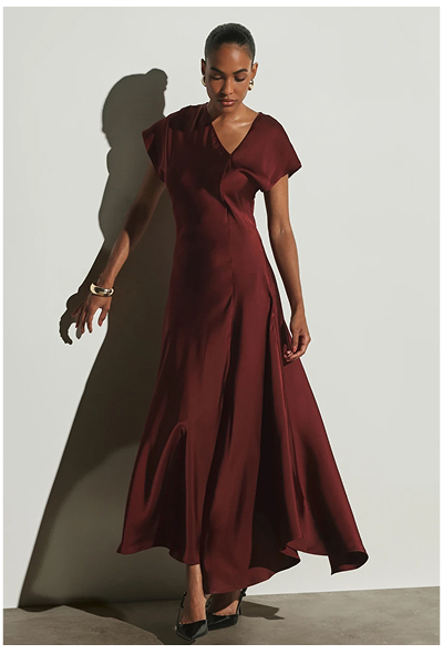KSTM Satin Dress V-Neck Cap Sleeve Fit And Flare Silhouette Cinched Waist Formal Evening Gown Wedding Guest Holiday Party Dress