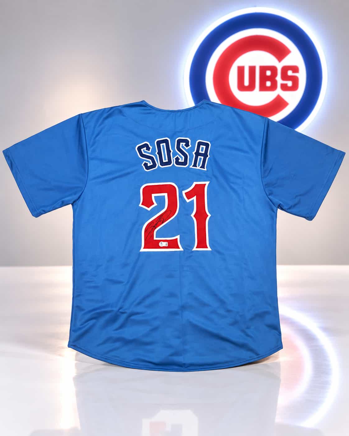 Sammy Sosa signed blue custom Cubs-style jersey with SOSA and No. 21 on the back
