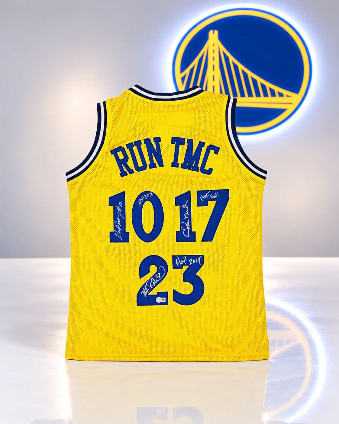 Yellow Run TMC custom jersey signed by Tim Hardaway, Chris Mullin and Mitch Richmond with HOF inscriptions