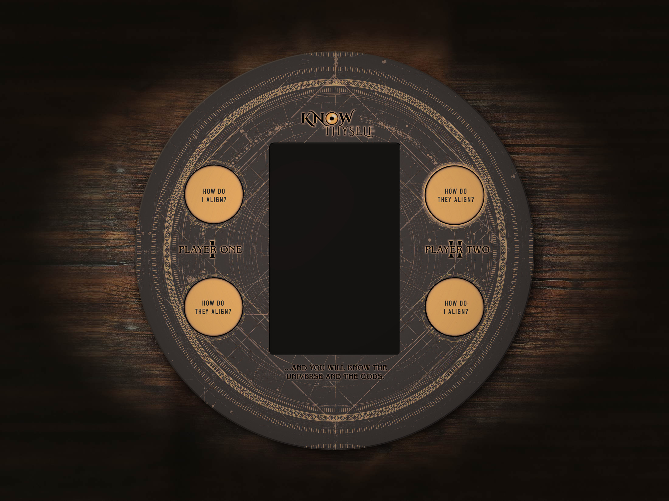 The Know Thyself board seen from above: an empty card space in the middle, four printed circles: How do I align? top left, How do they align? top right and lower left, How do I align? lower right. The two resonance dials land in the top circles