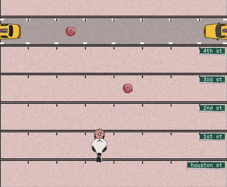 Jelly Run: a bird carrying a donut dodges yellow taxis across the streets of New York. Tap to play.