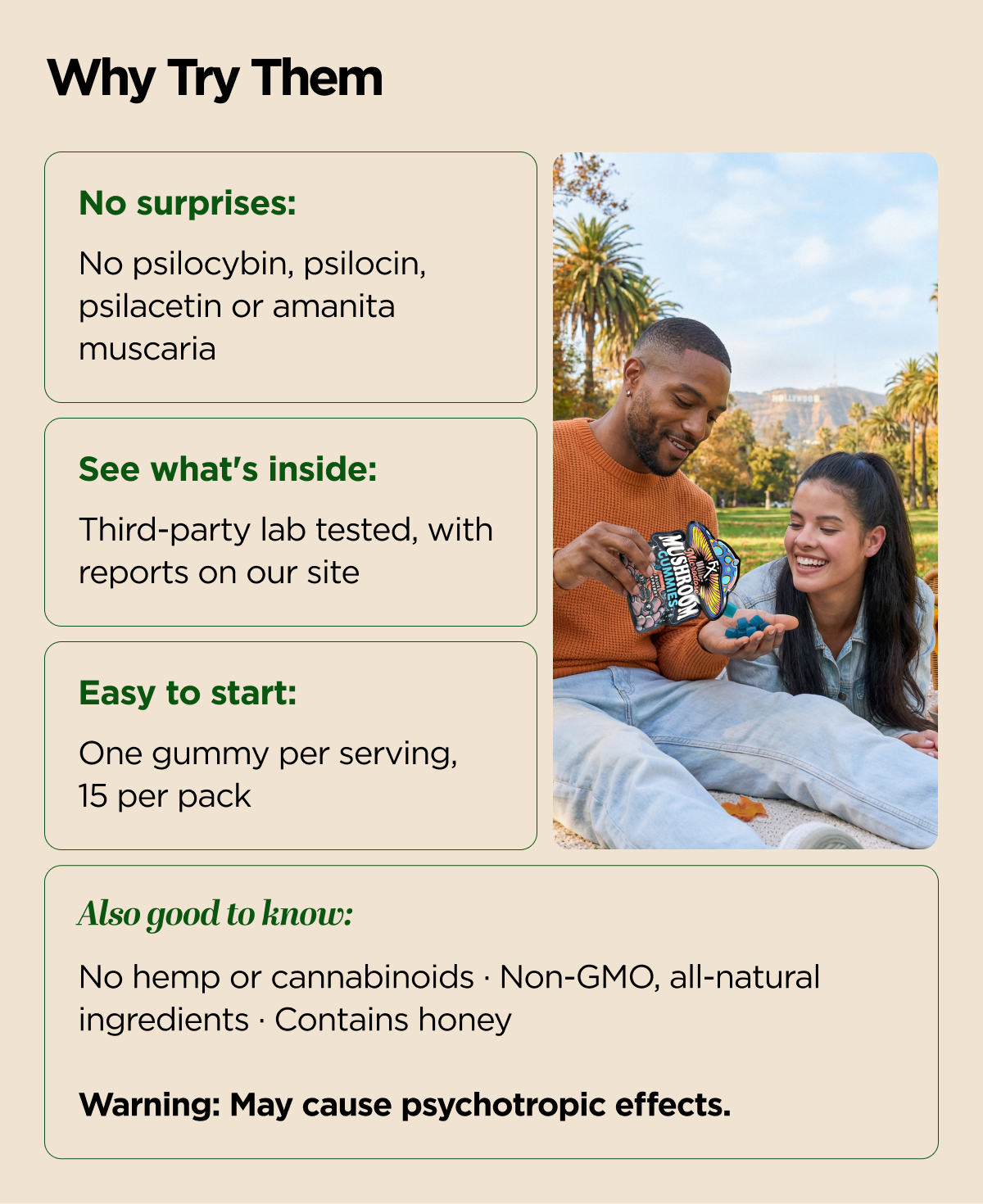 Why Try Them. No surprises: No psilocybin, psilocin, psilacetin or amanita muscaria. See what's inside: Third-party lab tested, with reports on our site. Easy to start: One gummy per serving, 15 per pack. Also good to know: No hemp or cannabinoids · Non-GMO, all-natural ingredients · Contains honey. Warning: May cause psychotropic effects.