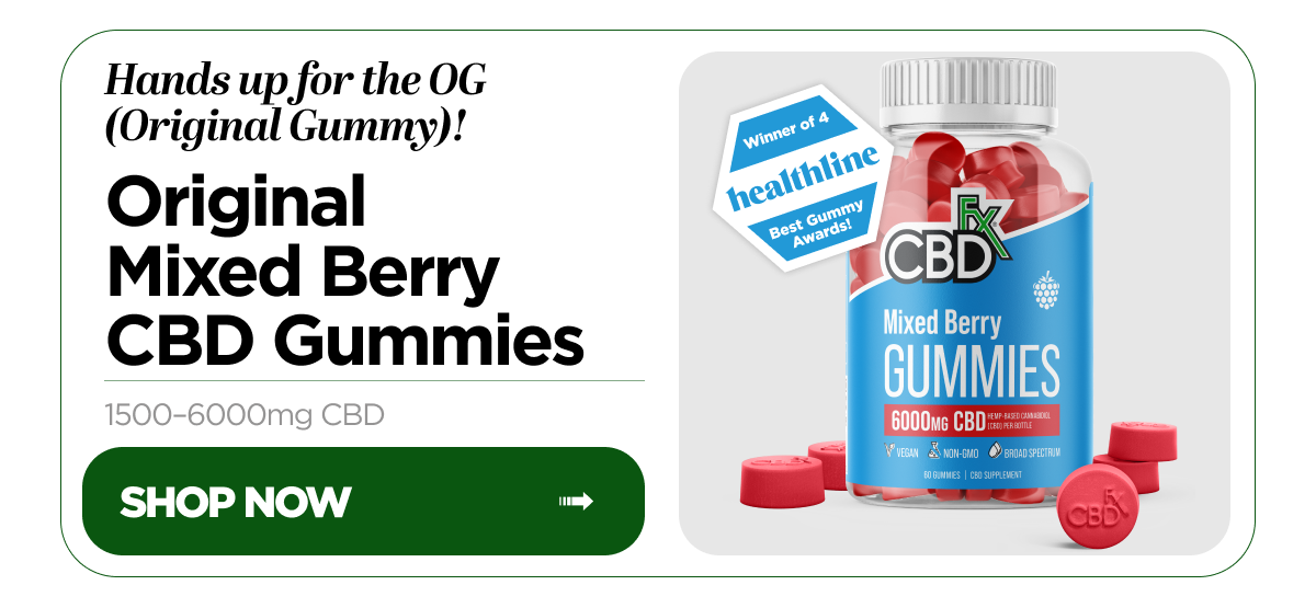 Hands up for the OG (Original Gummy)! Original Mixed Berry CBD Gummies, 1500–6000mg CBD. Winner of 4 Healthline Best Gummy Awards! Shop Now