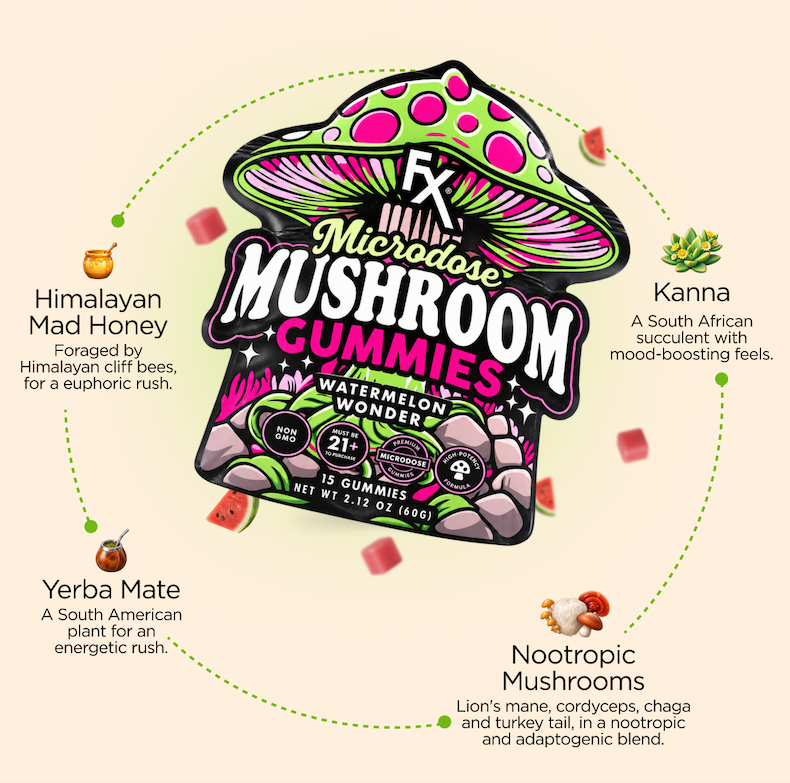 Himalayan Mad Honey. Foraged by Himalayan cliff bees, for a euphoric rush. Kanna. A South African succulent with mood-boosting feels. Yerba Mate. A South American plant for an energetic rush. Nootropic Mushrooms. Lion's mane, cordyceps, chaga and turkey tail, in a nootropic and adaptogenic blend.