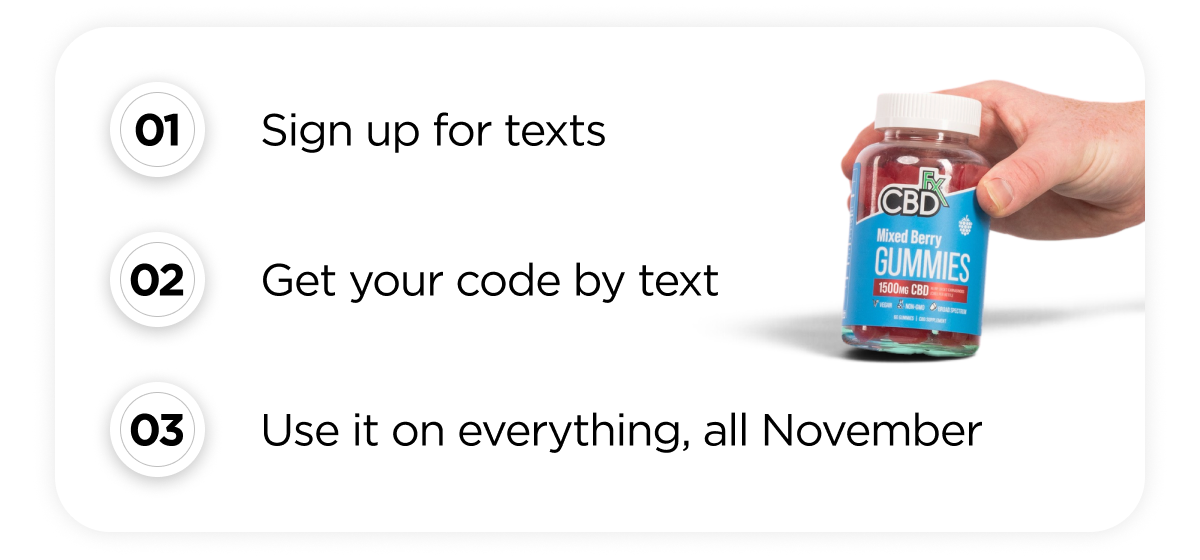 01 Sign up for texts. 02 Get your code by text. 03 Use it on everything, all November