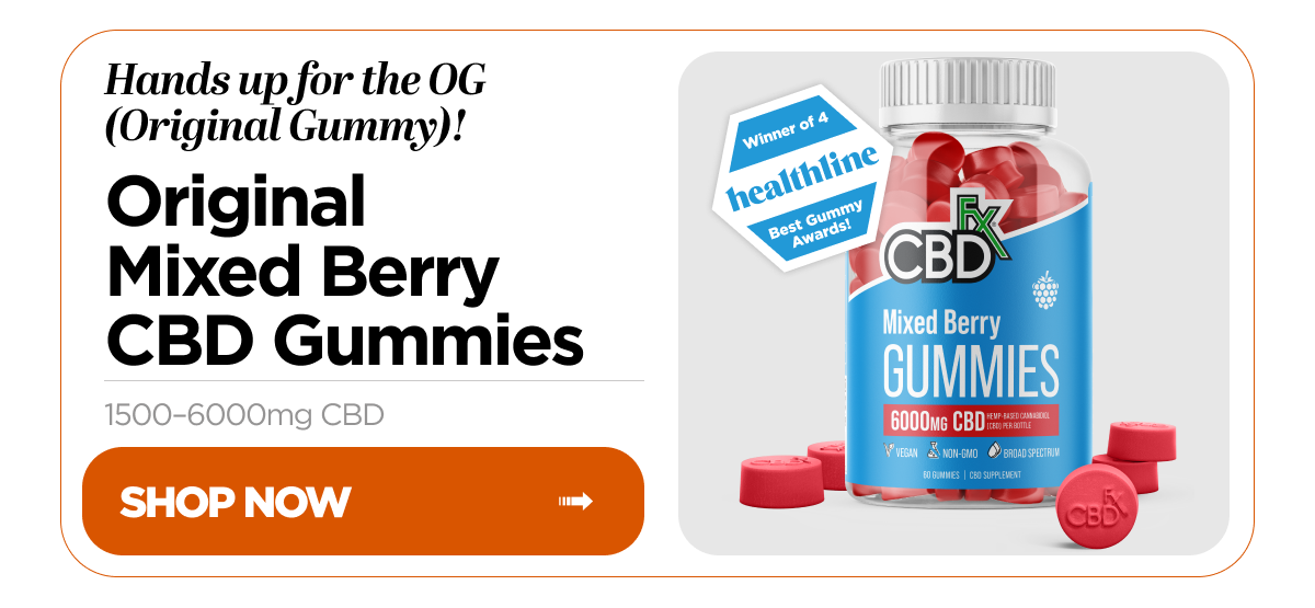 Hands up for the OG (Original Gummy)! Original Mixed Berry CBD Gummies, 1500–6000mg CBD. Winner of 4 Healthline Best Gummy Awards! Shop Now