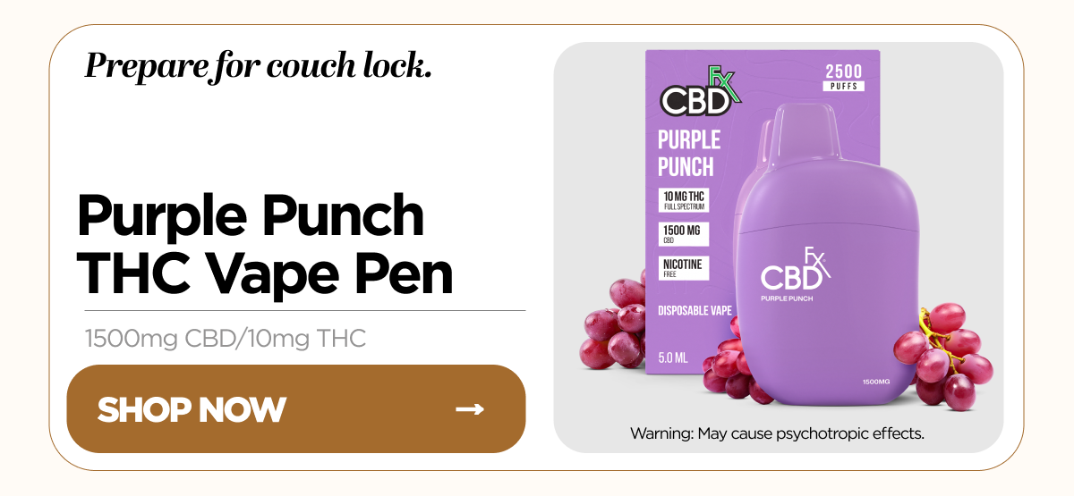 Prepare for couch lock. Purple Punch THC Vape Pen. 1500mg CBD/10mg THC. Warning: May cause psychotropic effects. Shop now
