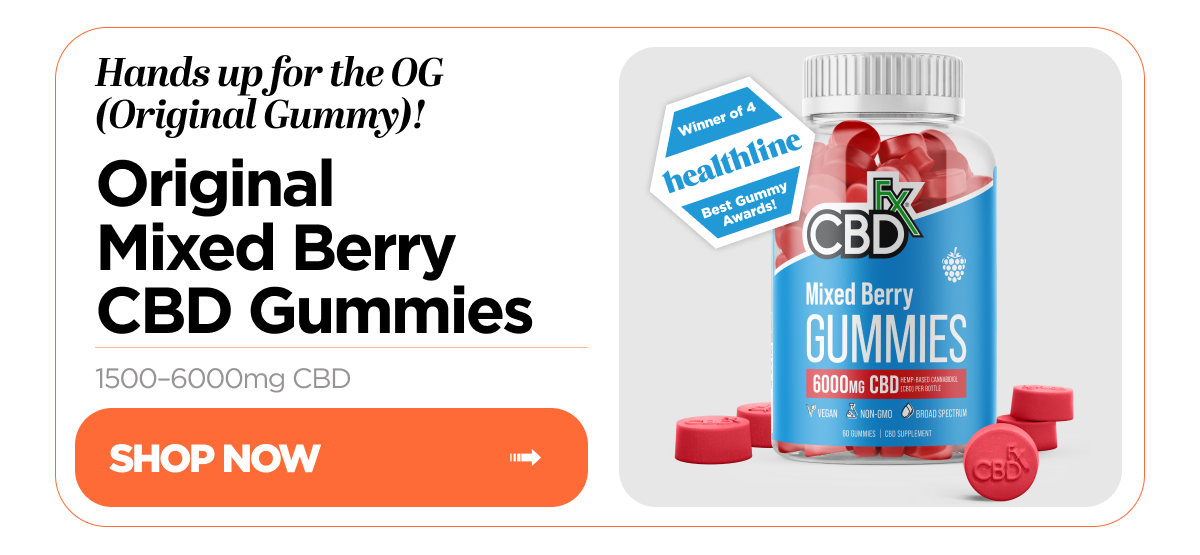 Hands up for the OG (Original Gummy)! Original Mixed Berry CBD Gummies, 1500–6000mg CBD. Winner of 4 Healthline Best Gummy Awards! Shop Now