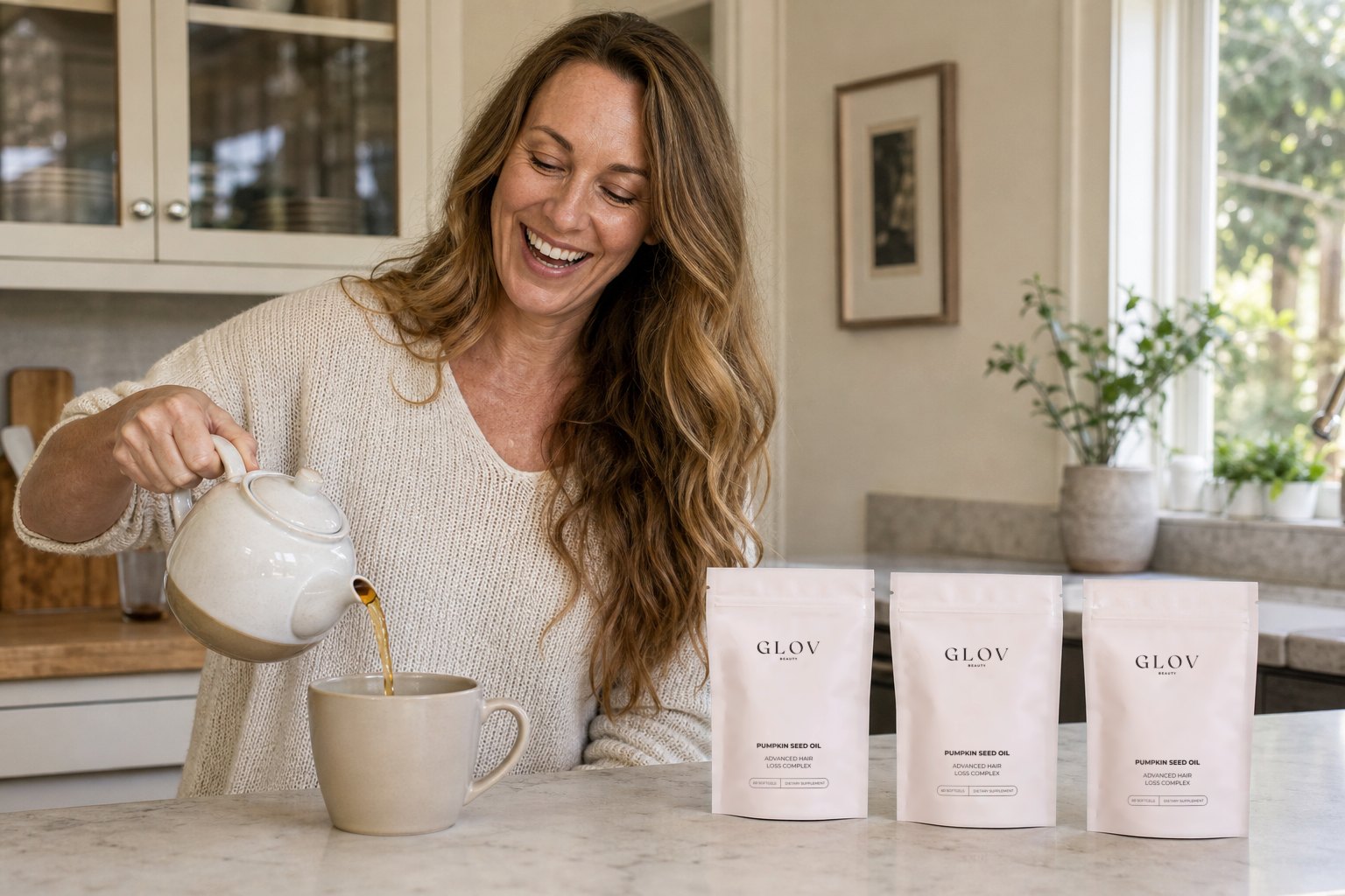 Three GLOV Pumpkin Seed Oil pouches and a smiling woman